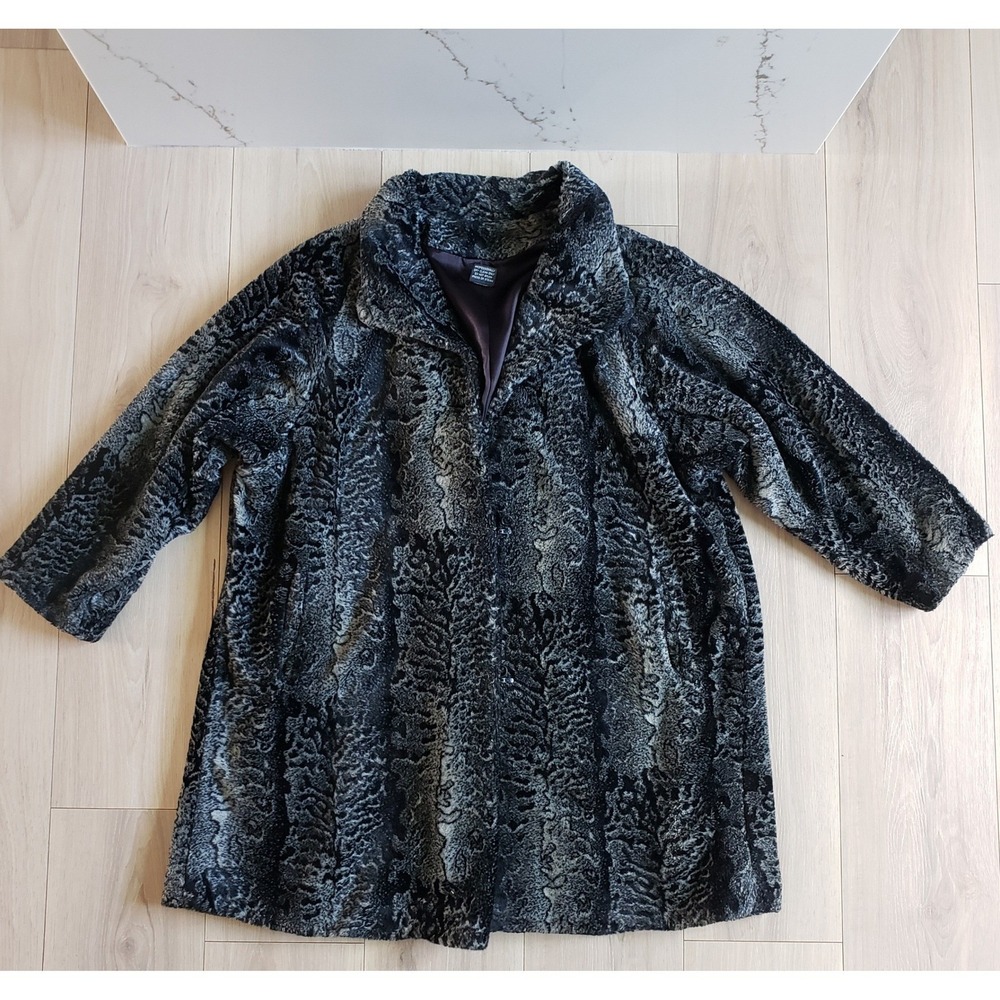 Vintage Faux Fur Coat Womens XL Black Grey Persian Lamb Style Astrakhan Jacket